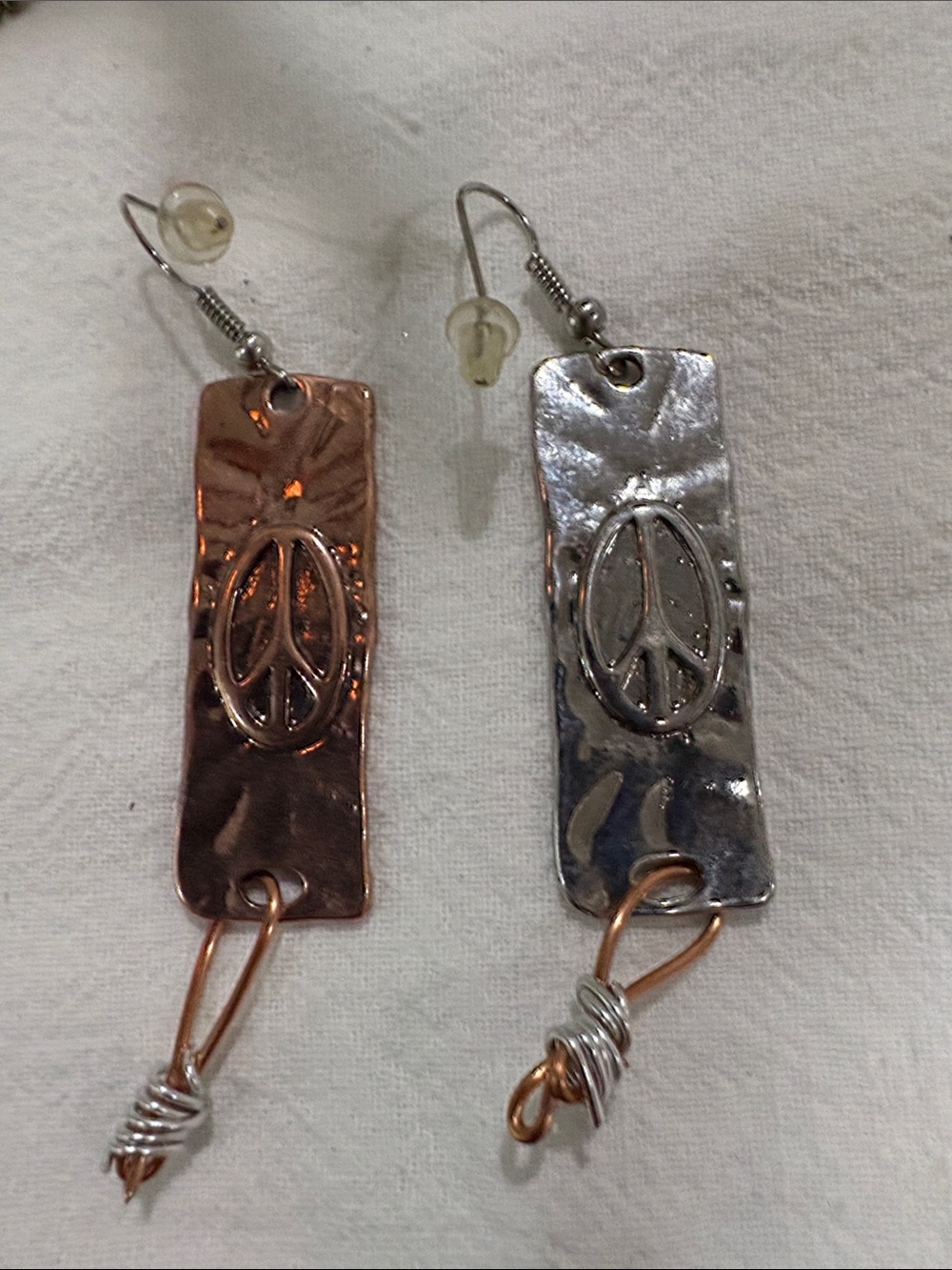 Handcrafted Copper & Silver Peace Sign Dangle Earrings